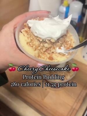 Cherry cheesecake protein pudding 🍒🍒🍒 Makes 2 servings What you need: 1 Fairlife core power elite, vanilla (the kind with 42g protein) - MUST BE COLD!!! 1 - 1oz pkg jello INSTANT pudding mix, zero sugar in cheesecake flavor 2/3c sugar free cherry pie filling Topping: 30g mini Nilla wafers, crushed 4T fat free whipped topping How to do it: 1- mix protein shake and pudding mix, beat with a hand mixer for 2 minutes 2- in two container, place 1/4 of the pudding at the bottom or each, followed by 1/3c pie filling, and remaining 1/4 of the pudding 3- refrigerate at least two hours 4- finish with crushed cookies and whipped topping! **tips: if you like your pie filling more tangy, sprinkle in a little citric acid before adding to container.  **for a more rich cheesecake flavor add in 1/2 tsp vanilla extract and one sugar packet size of stevia while mixing  Makes 2 servings, per serving: 280 calories | 21.5g protein 3g fat | 29.5g carbs | 9.5g sugar #proteinpudding #cherrycheesecake #healthycheesecakerecipe #weightlossrecipe #weightlossdessert #healthydessert 