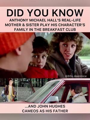 #DidYouKnow In the movie ‘The Breakfast Club’, Anthony Michael Hall’s real-life mother and sister, Mercedes Hall and Mary Christian, appear in the beginning of the film as his character’s mother and sister.  Director John Hughes has a cameo role as his father and appears at the end of the film. #80s #genx #ilovethe80s #favoritemovies #thebreakfastclub #anthonymichaelhall #funfacts #themoreyouknow #foryoupage 