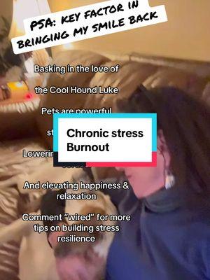 Basking in the love of the Cool Hound Luke, a certified mutt. Being with him has been a key factor in bringing my smile back Key factor in bringing back my smile! Multiple studies indicate that pets are powerful forms of stress relief, lowering not only blood pressure but also harmful stress hormones like cortisol, which is associated with sadness and anxiety, and elevating beneficial neurotransmitters linked to happiness and relaxation. Comment “wired” for more tips on building stress resilience. #stressresilience #feelbetternaturally #mentalwellnesslifestyle #thegutistheboss #nothingchangesifnothingchanges #makesleepyoursuperpower #chronicstresswillunaliveyou 