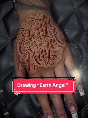 “Earth Angel” Available design! #tattooprocess #chicanostyle #oldies #letteringtattoo #freehandtattoo #tattoolover #latina #chicanoart #nails #fyp #viralvideo #trending 