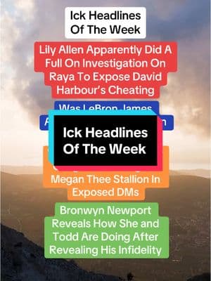 Time to catch up on the top headlines about cheating and relationship drama!  #news #newsupdates #topheadlines #scandal #hollywood #affair #cheatinghusband #lilyallen #davidharbour #raya #lebronjames #megantheestallion #bronwynnewport #rhoslc #cheating #infidelity