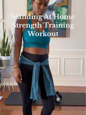 30min standing at home strength trying work out  Flow of work 40 secs on 10 secs off (repeat each exercise 2x) - lunge to low row  - knee lift ( knee to cross body elbow - over the head press  - sumo squats  - curtsy lunge + side leg lift  - Should press  - single low row  - RDL’s - wide lunge - single lunge to knee lift (hammer curl)  #strengthtraining #athomeworkout #over30club #BlackTikTok #strengthtrainingathome #creatorsearchinsights 