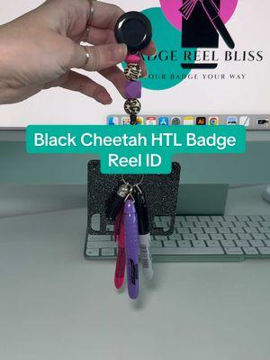 Look at how cute this black, cheetah, pink, and purple HTL Badge Reel ID turned out! 😍 This was so fun to make. I hope you love it as much as I do! 😊 #Badgereelbliss #badgereel #pink #purple #cheetah #black #htl #custombadge #uniquegift #idbadgecard #cute #obsessed #customorder #hospitalgift #customworkbadge #newproducts #SmallBusiness #emergingbusiness #custombadges 