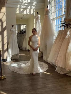 Intricate Alençon lace, an elegantly high neckline, and a stunning cathedral length train combine to make the most romantic, jaw-dropping fit and flare gown. Finished with scalloped eyelash lace, an illusion lace-covered low back, and classic buttons - we are in love with this detailed beauty✨ GOWN - “Sylvie” #modernbride #weddingdress #weddingdressinspiration #2025bride #2026bride #fitandflareweddingdress #lace #laceweddingdress #cathedraltrain 