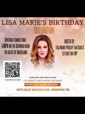 We invite you to join us to celebrate Lisa Marie Presley on her birthday as we honour her in two heartfelt ways.  First, you are welcome to join us at the birthday event taking place at the Travel Lodge on Brooks Road. It’s a wonderful opportunity to come together, share stories, and cherish the joyful moments we experienced thanks to Lisa Marie.  If you prefer a more reflective gathering, we invite you to join us at 5:00 PM for a candlelight tribute.  You’re welcome to attend one or both of these events as we come together to celebrate LMP’s legacy in a way that truly reflects the warmth and love she brought into our lives. #lisamariepresleyfanclub #lisamariepresley #lmfp #lmp #fyp  