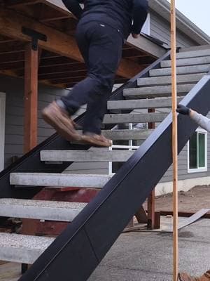 A closer look at 1500lbs of concrete treads on pacific_woodtech Treated LVL stair stringers. I don't feel vibration as I walk up and down. Super strong. #framersareadyingbreed #stairs #deckbuilding #longliveourbuildings 