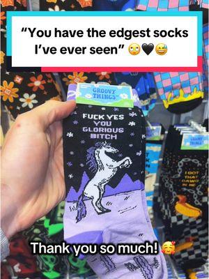 Edgy socks >>> 😂🖤🧦 #socks #fyp #4u #novelty #🎁 #edgy #funny #funnygifts #😂 #🧦 #gifts #🖤 #💀 #toofunny #funnygifts #crazysocks 