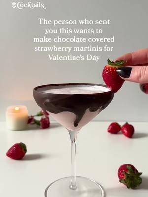 Celebrate the people you love with a delicious chocolate covered strawberry martini🍓 Tag someone who deserves this<3 Ingredients: 1 oz. vodka 1 oz. white chocolate liqueur 1 oz. heavy cream 1/2 oz. strawberry simple chocolate waffer melts for the rim fresh strawberry to garnish #ValentinesDay #valentine #chocolate #strawberry #martini #cocktail #fyp 