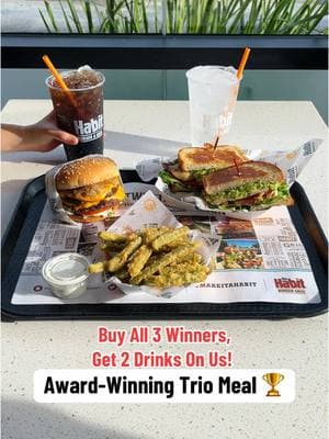 You can't lose when you order our winners! Announcing our Award-Winning Trio, starring:   🥇 Double Char 🥇 Chicken Club 🥇 Tempura Green Beans Buy all 3 and get 2 FREE regular drinks on us!   *The Award-Winning Trio is available at participating restaurants for a limited time. #habitburgerandgrill #winners #awardwinning #doublechar #chickenclub #tempuragreenbeans #2freedrinks 