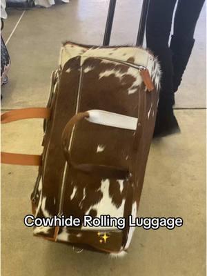 Rolling Cowhide Luggage 🧳 —>Available on our website: Western-Linens.com #luggage #suitecases #cowhide #dufflebags #fyp #dallastx #westernstyle 