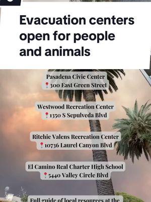 [🔗 IN BIO] 70,000 people have been ordered to evacuate due to the ongoing wildfires happening in Los Angeles County. This is a list of current emergency shelters open for people and animals. If you know of any other helpful resources, let the community know in the comments below.  Review our full guide of shelters and other resources at the link in our bio.  📹: @jacobisenberger/ Threads #mysecretla #localnews #losangeles #wildfires #redflagwarning #highwinds #windstorm #evacuationcenters