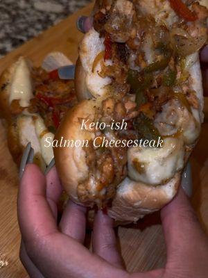 KETO-ISH- salmon cheesesteak • Absolutely delicious! 🤤 i love @aldiusa keto friendly rolls they are perfect! There’s not much to say about this recipe other than it’s amazing & you should make it! 😍 • • #ketosliders #blackfoodiefinder #salmoncheesesteak #ketocheesesteak #lowcarbrolls #ketorolls #aldifinds #easyketodinner #salmondinner #ketomeals #ketodinner #lowcarbrecipes #ketofriendly #ketofoods #easyketorecipes #easyketo #blackgirlketo 