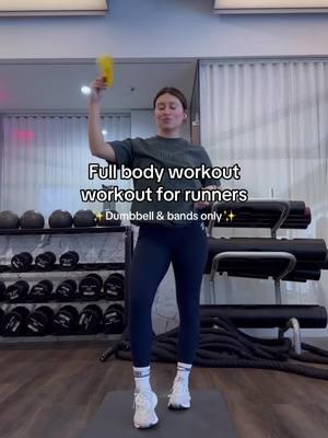 Full body workout for runners (but anyone can do it!) needing only dumbbells & bands!! Let me know if you try this out, don’t forget to warm up & cool down. More workouts are available on my Surge workout program 🏃🏻‍♀️💪🏼 3 rounds: DB reverse lunge to hip Flexion x 8 each Bear Plank one leg ISO :15 each  Banded S/L drop x 5 each  3 rounds: Suitcase squat x 6 each One arm DB press x8 each Side plank x :20 each  3 rounds: One DB RDL Row x 8 each DB Lateral raise x 10 Banded kickbacks x 12 each  #workoutsforwomen #workoutsforrunners #strengthtrainingforrunners #strengthtrainingworkout 