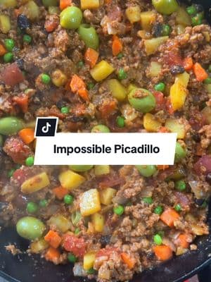 Filipino Picadillo but better using @Impossible Foods protein packed Impossible Beef from plants. This one pot meal will satisfy your meat cravings and is packed full of flavor. This new year, I aim to eat more plant protein and a simple swap for Impossible products is going to help me reach my goal. Plus this classic filipino comfort food has tons of veggies that help when eating clean. So add some impossible products into your Instacart and make this today! Ingredients  1 -12oz pack Impossible Ground Beef 3 tbsp extra virgin olive oil  1 potato diced  2 carrots diced  1 small onion diced  3-5 cloves garlic minced  1-2 tbsp tomato paste  1 can diced tomatoes(with liquid)  1/2 cup water  2-3 tbsp soy sauce  1/2 cup frozen peas  1/4 cup raisins  1/4 cup olives (or more)  Salt and pepper to taste  1. Over medium heat add 2 tbsp olive oil and brown sweet potato and carrots 5-10 minutes or until nicely browned. Set aside.  2. Add rest of oil and sauté onions and garlic 2-3 minutes. Season with salt and pepper.  3. Add Impossible Ground Beef, and break apart with wooden spoon. Cook about 7-8 minutes until browned.  4. Add tomato paste and cook down for l minute. Add tomatoes, raisins, soy sauce and black pepper, mix and add beef broth. Toss in potato and carrots and combine well.  5. Bring to a gentle simmer and cook down to evaporate the liquid 5-10 mins.  6. Add frozen peas and olives to finish. Mix well and taste to adjust seasonings. Enjoy with rice! #ImpossibleFoods #ImpossiblePartner #cookimpossible #Picadillo #foodtiktok