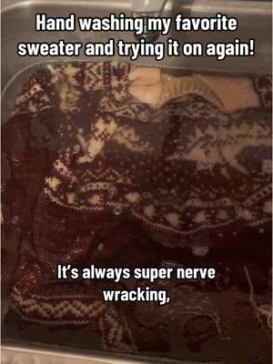 Thankfully wool sweaters do not need to be washed that often! #knitting #knit #fiberarts #yarn #dinosaursweater #stegosweater #knittersoftiktok #handwashing #sweater #woolcare 