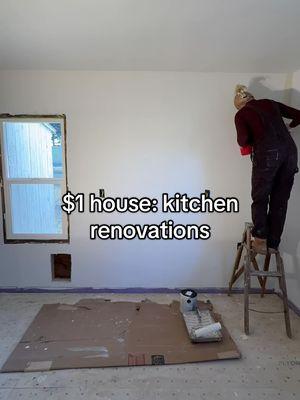 $1 house: kitchen renovations 😍 #100yearoldhouse #1dollarhouse #houserenovation #iboughtafixerupper #painting #kitchenrenovations #paintingtimelapse #craftsmanstyletrim #antiquewhite