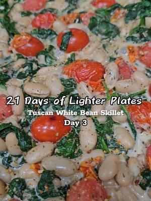 Day 3 Tuscan White Bean Skillet  This one-skillet wonder is packed with protein, bursting with flavor, and perfect for a cozy night in. Who says lighter plates can’t be comforting? 🥰🫂 Made with wholesome ingredients, it’s easy to whip up and even easier to love. The best part? It’s all ready in under 30 minutes ⏱️A delicious, easy dinner recipe that happens to be casually vegan. What you'll need: 2 tbsp olive oil 3 cloves garlic, finely chopped 1 tsp crushed red pepper (optional) 1 pint cherry or grape tomatoes 1 (5 oz) pkg Organic Baby Spinach 2 (15.5 oz) cans low-sodium cannellini beans, drained and rinsed ¾ cup low-sodium chicken broth ¼ cup heavy cream 1 tbsp sliced basil Parmesan cheese (optional) What to do:  1. In a 12-inch nonstick skillet, heat the oil on medium. Add the garlic and crushed red pepper, if using, and cook 30 sec., until fragrant.  2. Add the tomatoes and cook 5–6 min., until burst, stirring occasionally. 3. To skillet, in batches if needed, add the baby spinach. Cook 1–2 min., until wilted.  4. Stir in the beans, chicken broth, and heavy cream. Season with salt and pepper.  5. Bring to a boil then reduce to a simmer. Cook 8-10 min. on medium–low, until sauce has thickened. Add the basil to skillet and stir to combine. 6. Serve & Enjoy!  Let me know if this one’s making it to your dinner table! What’s your go-to comfort meal when you’re craving something lighter? Let’s chat in the comments! 🥄👇 #21DaysOfLighterPlates #HealthyComfortFood #HealthyEating #cookingvideos #cookingreels #imnochefijustlovetocook #cookingwithlove #kidfriendlymeals #easydinnerideas #onepanmeal #CreamyTuscanBeans #OneSkilletMeals #LighterPlates #HealthyEating #NewYearNewMe #FitnessJourney #HealthyHabits 