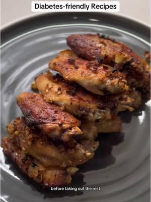 Diabetes-friendly recipes: Soy garlic chicken wings INGREDIENTS: 2 pounds chicken wings (~16 count) 1/4 cup sea salt 1/4 tsp baking powder 1/4 tsp whole wheat flour 1/4 tsp black pepper Soy garlic sauce:  1/4 cup soy sauce 1 tsp My Keto Allulose sweetener 1 tsp olive oil 1/2 cup minced garlic INSTRUCTIONS: 1. Season chicken wings with 1/4 cup sea salt, 1/4 tsp baking powder, 1/4 tsp whole wheat flower, 1/4 tsp black pepper and mix together. 2. Bake chicken wings in oven for 10 minutes on each side at 450 degrees F. Take out of oven, then mix together with soy garlic sauce (measurements above). 3. Cook in oven for 15-20 more minutes at 450 degrees F until cooked through (chicken should be at 165 degrees F internal temperature). #type2diabetes #type2diabetic #diabetes #chickenwings #bloodsugar #lowcarbrecipes #EasyRecipe #reversediabetes #diabetesreversal 