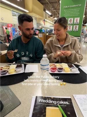 nothing like a cake tasting in the middle of the grocery store🤪 the carrot cake was SO good — what was your wedding cake flavor?!  #publix #publixcake #publixweddingcake #caketasting #weddingcake #stpetersburg #stpeteflorida #saintpetersburg #weddingcountdown #weddingtiktok #weddingbudget #weddingtips 