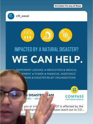 Google “CFF Compass” or “CFF Compass Disaster Relief”, it’ll be the full information from the CF Foundation. Feeling helpless like everyone else so sharing what I know in case anyone who needs it sees #wildfires #disasterrelief #cffcompass #compass #cff #cysticfibrosis #palisadesfire #eatonfire #lawildfires #greenscreen 