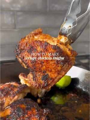 How To Make: Crispy Chicken Thighs  If you’ve been following me, you know I’m always making chicken thighs. Honestly, this is my favorite way to cook them for an easy dinner. They turn out perfectly crispy on the outside and juicy on the inside every time 🔥 Recipe - 4 bone-in, skin-on chicken thighs   - 1 tsp each: salt, garlic powder, onion powder, paprika, oregano, cumin   - 2 tbsp lime juice   - 2 tbsp high-heat oil   1. Preheat the oven to 400ºF.   2. Heat a large cast-iron skillet over medium-high heat and add the oil.   3. In a bowl, marinate the chicken thighs with the spices and lime juice, ensuring all sides are evenly coated.   4. Place the chicken thighs skin-side down in the skillet and cook until the skin is crispy and golden.   5. Flip the chicken and finish cooking in the oven for 20 minutes, or until the internal temperature reaches 165ºF.   6. Drizzle with additional lime juice before serving.   More recipes on flavorsbyfrangipane.com #chickenthighs #howto #castiron #castironrecipes #chickenrecipes #chickendinner #cripsy