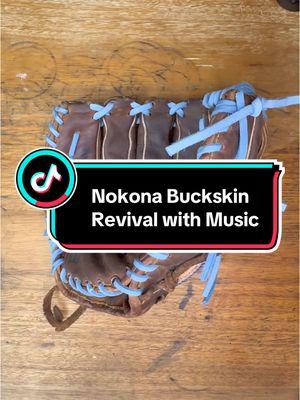 Here is the @Nokona AMG-175X Buckskin glove revival with music. I just love the way the Carolina Blue laces look against the dark brown glove! #gloverelace #gloverepair #gloverestoration #relace #restoration #baseball #nokona #baseballglove #thecraftsman 