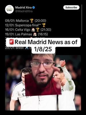 🚨Real Madrid News as of 1/8/25 #realmadrid #halamadrid #madrid #mallorca #supercopadeespaña #supercopa #fcbarcelona #barca #barcelona #celtavigo #laspalmas #salzburg #valladolid #brest #cdr #realvalladolid #copadelrey #spain #españa #saudiarabia #saudi #atleti #elche #celtavigo #celtadevigo #atleticodemadrid #atleticomadrid #atletico #realbetis #betis #rayo #rayovallecano #realsociedad #athletic #athleticclub #bilbao #osasuna #athleticbilbao #getafe #pontevedra #ourense #valenciacf #valencia #almeria #leganes #perez #bernabeu #santiagobernabeu #florentinoperez #florentino #zizou #didierdeschamps #france #zidane #deschamps #zinedinezidane #bayernmunich #bayern #trent #taa #trentalexanderarnold #liverpoolfc #alexanderarnold #liverpool #lfc #sevilla #villarreal #daniolmo #olmo #pauvictor #superleague #viniciusjr #viniciusjunior #vinicius #vinijr #vini #carloancelotti #ancelotti #ederson #laminifati #atalanta #zubimendi #camavinga #ceballos #castilla #rodrigomora #inigomartinez #laliga #futbol #futboltiktok #football #footballtiktok #Soccer #soccertiktok #fyp #tapiaa__ 