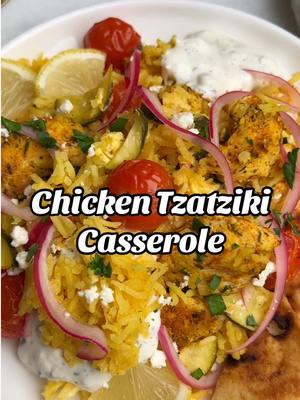 This dump-and-bake Chicken Tzatziki Casserole is an easy one-pan recipe full of vibrant flavors and tender chicken. It’s fun and delicious, and it’s easy enough for a busy weeknight. With plenty of feta, tangy pickled red onions, blistered tomatoes, and garlic dip, you’ll quickly add this to your rotation. #chickencasserole #onepanmeal #onepanrecipe #tzatziki #whatsfordinner #easydinner 