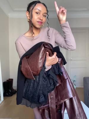 @prisca.bch's winter mantra? Comfort meets style. Black Wool Turtleneck Sweater: 22582953 Coffee Brown Belted Jacket: 41667366 Black Ruffle Dress: 45107627 #mymotf #brownoutfit #fauxjacket #fauxleather #dress