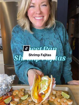 So easy! Perfect for a large crowd or company because it’s easily doubled. Use chicken or beef or all 3. Full recipe on StephRealLife.com https://www.stephreallife.com/sheet-pan-shrimp-fajitas/ #sheetpancooking #sheetpanmeals #shrimpfajitas #easydinnerideas 