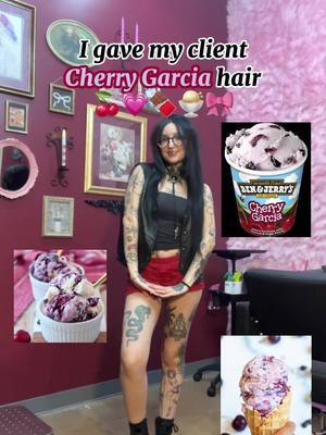 I gave my client Cherry Garcia hair 🍒💗🍫🍨🎀 specifically based off the Ben and Jerry’s ice cream. This was such a fun and creative look to do. I hope you enjoy this beautiful cherry flavored hair with fudge flakes and cherry bits! 💋  and if you want your dream ice cream/dessert hair, dm me on instagram to book. Protected with @K18 Hair  Lifted with @Schwarzkopf Professional /@schwarzkopfprofessional  Vivids @Pulp Riot Hair  Styled with @Bed Head by TIGI  / @AIIR Professional  ••• #schwarzkopf #schwarzkopfusa #k18 #k18hair #k18results #romantic #cherryhair #chunkyhighlights #alt #stylist #bedheadbytigi #gilberthair #gilberthairstylist #arizonahair #arizonahairstylist #mesahair #mesahairstylist #pulpriot #pulpriothair #benandjerrys #icecreamhair #cherrygarciahair #hairtransformation #purplehair #hairappointment #hairinspo #cherrygarcia #valentinesdayhair #ValentinesDay #aiirprofessional #aiirforce