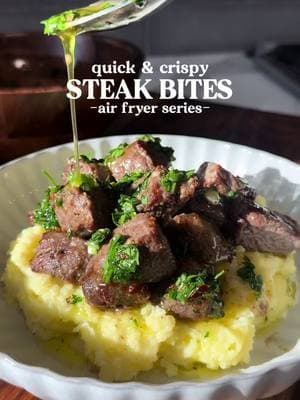 Day 10- Quick & Crispy Air Fryer Series  Steak Bites with Chimichurri 🥩🌿 DM me the word “COOKBOOK” and I’ll send you the link to my ‘Quicker & Crispier: Air Fryer Recipes’ digital cookbook. You’ll get instant access to all of the recipes from this series 👩🏻‍🍳 Recipe  -1 lb steak (sirloin, boneless NY strip, or boneless ribeye) -1⁄2 tbsp olive oil -1⁄2 tsp each: salt, pepper, garlic powder  Chimichurri: -1⁄4 cup chopped fresh parsley 1 tsp each: salt, oregano, chili flakes -1 tsp minced garlic -1⁄4 cup high-quality olive oil Lime juice, to taste  1. Cube the steak and toss it with olive oil, salt, pepper, and garlic powder. Air fry at 375°F for 6–8 minutes, or until cooked to your preferred doneness.  2. For the chimichurri, mix parsley, salt, oregano, chili flakes, garlic, olive oil, and lime juice in a bowl.  3. Drizzle chimichurri sauce over the cooked steak bites or serve as a dipping sauce.  More recipes on flavorsbyfrangipane.com #steakdinner #steakbites #highprotein #airfryerrecipes #airfryersteak #chimichurri #EasyRecipes 