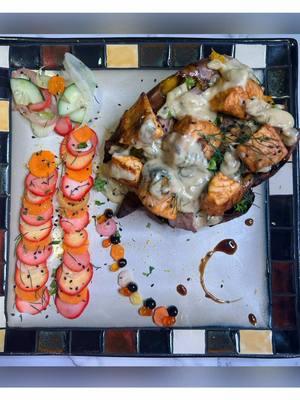 Salmon Stuffed Sweet Potato, Cream Sauce, Pickled Carrots & Radish, Asparagus & Fennel Salad, Balsamic Pearls & Salmon Roe #kellysbellybyefelipe #homechef #tiktokfood #nom #yummyfood #delicious #healthychoices #tiktokfoodie😊🙏 #cookingathometiktoktv #cookingvideo #getinmybelly #fyp #tiktokcooking #yummy #stuffedsweetpotato #stuffedpotato #creativecooking #foodies 