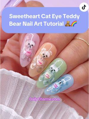 Sweetheart Cat Eye Rainbow Teddy Bear Nails 🧸🌈 Perfect for Valentine’s Day! 💖 Which color teddy is your fave? 💅 Everything used for this look is from the brand Daily Charme & is listed below. All goodies are available now in our TikTok shop or via the 🔗 in bi0 Save & share for the cutest cat eye nail inspo! 💅✨ Using @daily_charme: 🧸 Pastel Velvet Cat Eye Charme Gels: C13 Purrple, C12 Kitty, C11 Tabby, C16 Avocatto, C15 Nala 🌈 Rainbow Jelly Charme Gels: J32 Aviation, J23 Frosé, J24 Paloma , J28. Mint Mojito, J30 Jellyfish 🧲 Magnetic Cylinder Wand 🎨 Dotting Tools 🎨 Art Liner Brush 🎨 01 Thin Liner Brush 💅 Almond Medium Clear Charme Tips #nailtutorials #cateyenails #teddybear #vdaynails #valentinesnails #velvetnails #magneticgel #skittlenails #kawaiinails #pinknails #heartnails #dailycharme #uñas #kawaiinails #howtonails #ValentinesDay 