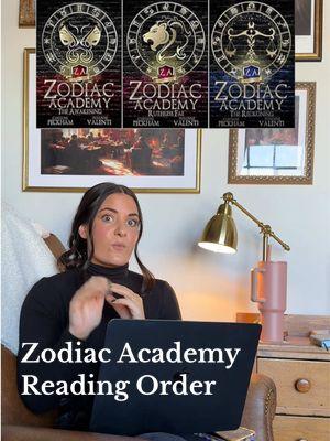 ✨Zodiac Academy Reading Order✨ 1) Zodiac Academy 1: The Awakening 2) Zodiac Academy 2: Ruthless Fae  3) Zodiac Academy 3: The Reckoning  4) Ruthless Boys 1: Dark Fae  5) Ruthless Boys 2: Savage Fae 6) Ruthless Boys 3: Vicious Fae 7) Ruthless Boys 4: Broken Fae 8) Ruthless Boys 5: Warrior Fae 9) Zodiac Academy 0: Origins of an Academy Bully 10) Zodiac Academy 4: Shadow Princess 11) Foxy Tales 12) Zodiac Academy 5: Cursed Fates 13) Zodiac Academy: The Big A.S.S. Party Novella  14) Zodiac Academy 6: Fated Throne  15) The Awakening: As Told By The Boys (*retell of book one w/ bonus content, but preferred to be read after Fated Throne) 16) Zodiac Academy 7: Heartless Sky 17) Zodiac Academy 8: Sorrow and Starlight 18) Zodiac Academy 8.5: Beyond the Veil Novella  19) Live and Let Lionel 20) Zodiac Academy 9: Restless Stars 21) Darkmore Penitentiary 1: Caged Wolf (set around five years after Zodiac Academy) 22) Darkmore Penitentiary 2: Alpha Wolf 23) Darkmore Penitentiary 3: Feral Wolf 24) Darkmore Penitentiary 3: Feral Wolf #solaria #zodiacacademy #ruthlessboysofthezodiac #darcyvega #torivega #romantasy #romantasybooktok #romantasybooks #readingorder #indiepublishing 