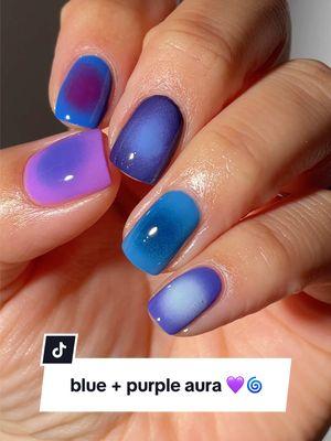 blue + purple aura 💜🌀 products used: que groovy, porter, dear diary, zoinks!, easy as pie, forget me nots, miss hepburn, figgy delight, at last, & totally gelly.  #auranails #bluenails #easynails #diynails #diynailsathome #purplenails #nailartinspo #nails 