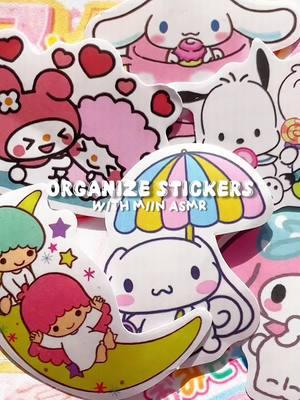 🎐୭ 🩰 ✧ ˚.🍡 Organizing sticker freebies #trinkets #trinketdish #juminocore #heiseiretro #heiseiretrostyle #aesthetic #asmrsounds #asmr #stickers #sanrio #hellokitty #mymelody #kuromi 