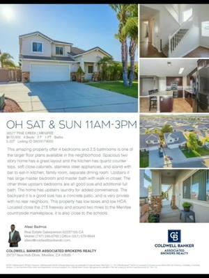 🏡 #openhouse Sat & Sun 1/11 & 1/12 🚨 Must see this stunning property at This home won't last long! 🏠30577 Pine Creek Drive, Menifee, CA 92584 💎4bed , 2.5 bath, 5,227/0.12 Sqft ✅ Large master bedroom and master bath with walk-in closet ✅Spacious two story home ✅open-concept kitchen ✅Concrete patio backyard ✅Low taxes and low HOA 🛑Stop by, check this beautiful home out🛑 #realtor #realestate #MENIFEEREALTOR #HEMETREALTOR #murrietarealtor #temecularealtor #perrisrealestate #hemetrealtor #morenovalleyrealtor Afeez Badmos Coldwell Banker Associated Broker DRE: #02237195 ☎️ 747 249 8760 #thebadmoshomes realestates@thebadmoshomes.com