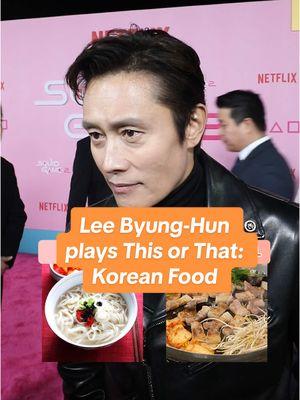 do we think Lee Byung-Hun has the pink guards grill his samgyeopsal for him 🤔  @Squid Game Netflix  #squidgame #squidgame2 #redcarpetinterview #frontman #leebyunghun #thisorthat #koreanfood #korean #asianfood #asian #soondubu #samgyeopsal #bulgogi #mandu #seolleongtang #kimchi #kimchijjigae @Netflix @Netflix Korea @Golden 