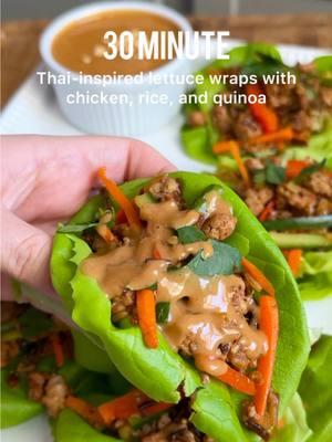 30 Minute Thai-Inspired Lettuce Wraps with Chicken Rice and Quinoa ✨ Quick, easy, and packed with flavor—these Thai-Inspired Lettuce Wraps are a weeknight favorite! Made with @Minute Rice Instant Rice & Quinoa, which adds heartiness and takes just 10 minutes to prepare. Combined with ground chicken, fresh veggies, and homemade peanut sauce, this meal is ready in 30 minutes—perfect for meal prep or family dinner! #AD #MinuteRicePartner  Ingredients: • 1 packet of Minute Instant Rice with Quinoa • 1 lb ground chicken • 1 tbsp avocado oil (or cooking oil of choice) • 1/2 medium yellow onion, finely chopped • 3 cloves garlic, minced • 1 cup low sodium chicken broth • 1 tbsp low sodium soy sauce • 1 tbsp oyster sauce • 1/2 cup carrots, sliced into matchsticks • 1/2 cup bell peppers, sliced into matchsticks • 1/2 cup English cucumber, seeds removed, sliced into matchsticks • Lettuce leaves (butter lettuce or romaine work best) • Chopped cilantro for garnish • Chopped peanuts for garnish (optional) Peanut Sauce: • 1/2 cup peanut butter • 1 1/2 tbsp low sodium soy sauce • 1 tbsp rice wine vinegar • 2 tbsp honey • 2 tsp sesame oil • 4-5 tbsp warm water, more if desired Instructions: 1. Prepare the meat and rice: Heat avocado oil in a large skillet over medium heat. Sauté onions for 3 minutes, add garlic and sauté for another minute. Add ground chicken, season with salt and pepper, and cook until browned (6-8 minutes). Pour in chicken broth, then add 1 packet of Minute Instant Rice & Quinoa. Flavor with soy and oyster sauce, stir, bring to a boil, reduce heat, cover, and simmer for 10 minutes until the water is absorbed. 2. Combine with veggies: Turn off heat, add sliced cucumber, carrot, and bell pepper, and toss together in the skillet. 3. Make the peanut sauce: Whisk together peanut butter, soy sauce, rice wine vinegar, honey, sesame oil, and warm water until smooth. 4. Assemble the wraps: Spoon the chicken, rice, and quinoa mixture into lettuce leaves. Drizzle with peanut sauce, and garnish with peanuts (optional) and cilantro. Enjoy!  #lettucewraps #chickenlettucewraps #chickenrecipes #30minutemeals #quickmeals #quickdinner #easydinnerideas 