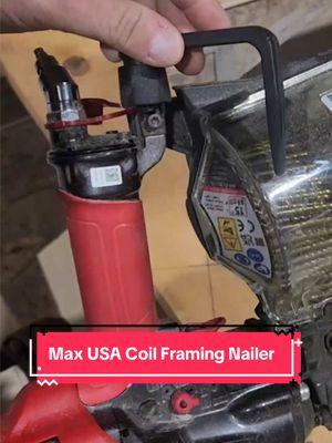 Framer Ryan Smith showcases the @MAXUSACorp HN90F coil framing nailer, highlighting the tangle-free swivel air hose fitting and adjustable gun hook as standout features. #Framing #HomeBuild #Roofing #Tools #Building #MaxUSA 