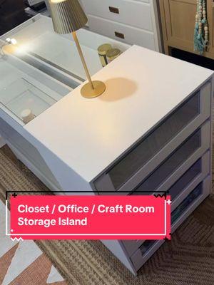 Closet Island Storage Cabinet! Perfect for extra storage in closet, office, or craft room! ❤️ #islandstorage #islanddrawers #closetdrawers #closetstorage #closetorganization #closetorganizationhacks #officestorage #kitchenisland #officeisland #closetisland #craftroom #craftroomstorage #glasstopstorage #storageunit #storagehacks #organziedhome #organizedkitchen #organized 