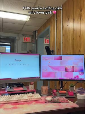 My home away from home👩🏻‍💻💗#pink #pinkoffice #fy #office #fyp #officegirl #8to5 #work #desksetup #pinkkeyboard #pinkaesthetic #officelife 