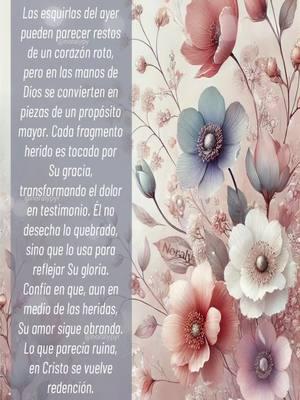 Las esquirlas del ayer pueden parecer restos de un corazón roto, pero en las manos de Dios se convierten en piezas de un propósito mayor. Cada fragmento herido es tocado por Su gracia, transformando el dolor en testimonio. Él no desecha lo quebrado, sino que lo usa para reflejar Su gloria. Confía en que, aun en medio de las heridas, Su amor sigue obrando. Lo que parecía ruina, en Cristo se vuelve redención. #Dios #foryou #ayer #corazon #mano #herida #gracia #dolor #gloria #ruinas #redencion #paratodos #fyp #oración #foryoupage #paratí #bonitasreflexiones #pensamientospositivos #mensajespositivos #paratii #noralypyr 