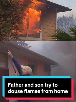 A father and son tried to save their home as the Eaton Fire continues to burn in Altadena. ⁠ ⁠ NBC4's Michelle Valles helped flag down a fire truck that was driving by as photographer Joel Cooke grabbed a hose and jumped in to help. ⁠ ⁠ Neighbors in the area also stepped in to help as flames and black smoke emerged from a home. ⁠ ⁠ The fire is currently burning over 10,000 acres, according to Cal Fire. ⁠ ⁠ #nbcla #EatonFire #Altadena #fire #SantaAnaWinds⁠ ⁠