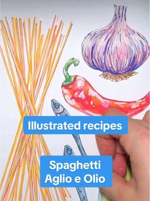 Spaghetti Aglio e Olio has marked the end of every New Year’s celebration for as long as I can remember. Directly translating from Italian to “Garlic & Oil,” this seemingly simple sauce requires the right technique to achieve the perfect texture and balance of flavors. When done right, it transforms into something far greater than the sum of its parts. This recipe is my Pa’s, and it’s one of my absolute favorites. The anchovies and garlic melt seamlessly into the olive oil, creating a creamy emulsion that coats every strand of spaghetti. It’s always been the antidote to a night of festivities and the perfect comforting start to the new year 🍝 🧄  #aglioeolio #spaghetti #garlic #oliveoil #italian #italiancooking #pastasauce #illustration #crafting #craftideas #crafttok  #pastasauce #illustration #pastatok #crafting #craftideas #crafttok #pastarecipe #cookbook 