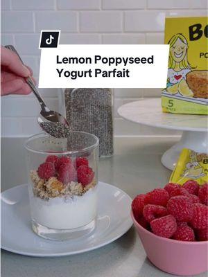 Make this easy, delicious lemon poppyseed yogurt parfait for breakfast! Such a great way to start your morning #eatbobos #bakedwithlove #breakfast #breakfastideas #easymeal 