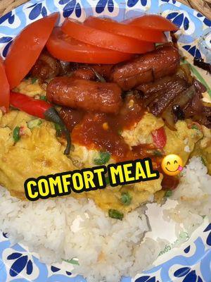 COMFORT MEAL: Asian Omelette, Stir Fry Lil Smokies Sausages, Tomatoes & Rice 🍚 #mukbang #eatwithme #asianfood #asianomelette #eggs #sausages #stirfry #comfortmeal #fyp 