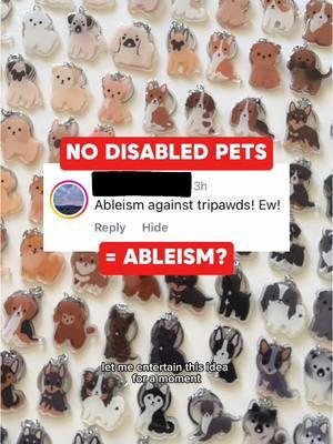 I haven’t heard this one before!! Let’s math out what it REALLY takes to represent pets with disabilities 🤔 Sadly, it’s not feasible for us to represent disabled pets because then we’d have to represent ALL disabled pets. I can see how that rubs people the wrong way, but I just can’t fathom managing 50,000 keychain and sticker variations 😵‍💫  My goal is to create symbols, not exact portraits, that can work for more people! Maybe one of our 1200+ animals will work for you! #disabledpets #ableism #dogmom #rescuedog #petkeychain #petportrait #animalartist 