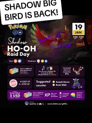 SHADOW HO-OH IS RETURNING TO POKEMON GO, JANUARY 19TH, WITH AN INCREASED SHINY RATE!! BEST OF LUCK!! #pokemon #pokemongo #fyp #pogo #foryou #raid #shundo 